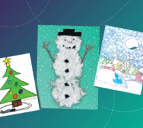 Home-made holiday cards that feature a christmas tree, a snowman, and a snowy village.