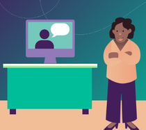 Illustration of a woman facilitating a training with a virtual trainer on-screen.