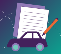 Illustration of a piece of paper and a purple car.