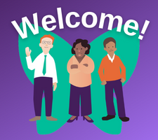 Welcome! Illustration of three employees waving.